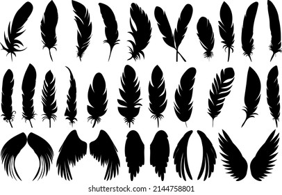 feathers, wings set silhouette, isolated on white background vector