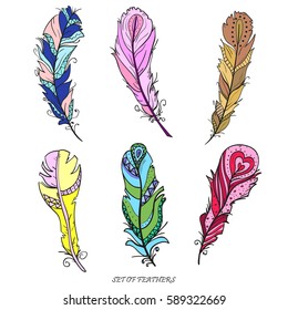 Feathers. Zentangle. Hand drawn feathers with abstract patterns and bright colors on isolation background. Elements for design. Zen art. Bright colors. Print for polygraphy, t-shirts and textiles