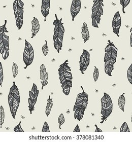 Feathers.Tenderness, softness. Seamless pattern with cute decorative feathers painted by hand. All elements are  hidden under mask. Pattern are not cropped and can be edited.
