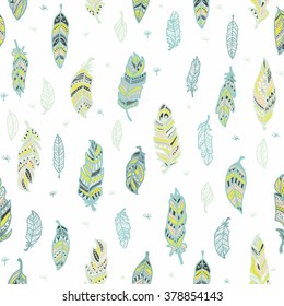 Feathers.Tenderness, softness. Seamless pattern with cute decorative feathers painted by hand. All elements are  hidden under mask. Pattern are not cropped and can be edited.