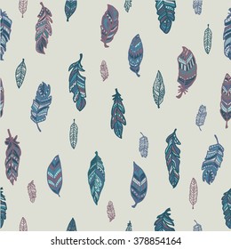 Feathers.Tenderness, softness. Seamless pattern with cute decorative feathers painted by hand. All elements are  hidden under mask. Pattern are not cropped and can be edited.