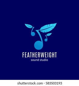 Featherweight Sound Studio Abstract Vector Sign, Emblem or Logo Template. Note with Feather Silhouette. Easy Listening Creative Symbol. On Blue Background.