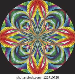 Feathery American indian rosette or dream catcher inspired by ancient motifs in contemporary design and brilliant colors on a black background