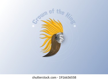 The feathery crown on the head and long beard king on an isolated background