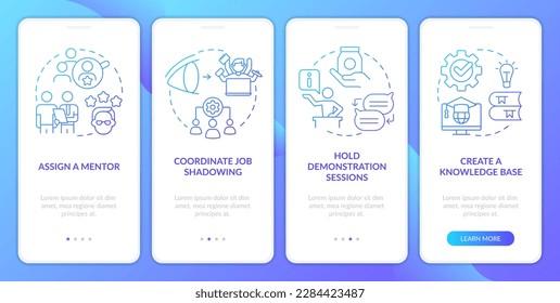 Feature and application training blue gradient onboarding mobile app screen. Walkthrough 4 steps graphic instructions with linear concepts. UI, UX, GUI template. Myriad Pro-Bold, Regular fonts used
