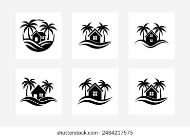 Feature a beach house with palm trees and waves