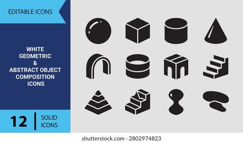 Feature clean structural elements with this white geometric and abstract object composition solid icon set ideal for architectural firm branding.