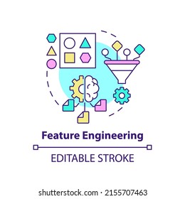 Feature Engineering Concept Icon. Problem Solving Step In Machine Learning Abstract Idea Thin Line Illustration. Isolated Outline Drawing. Editable Stroke. Arial, Myriad Pro-Bold Fonts Used