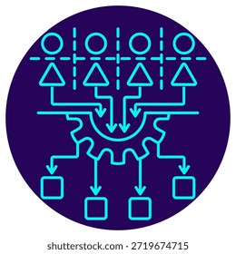 Feature Engineering Icon. Minimalistic neon outline on a dark blue round background. A stylish vector illustration of data sources (people icons) entering a central gear mechanism, being filtered and processed into distinct output features (squares), symbolizing data transformation, feature selection, and preparation for machine learning models
