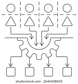 Feature Engineering icon. Vector pictogram with thin black lines on transparent background. Stroke width is editable. Shows AI feature selection, transformation, and processing workflow