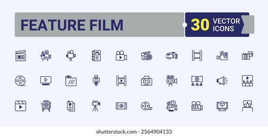 Feature Film linear icon. Includes icons for 3d, glasses, editing, director, player, show, projector and more. Solid line editable stroke. Vector line and solid icons.