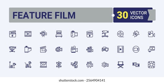 Feature Film linear icon. Includes icons for 3d, glasses, editing, director, player, show, projector and more. Solid line editable stroke. Vector line and solid icons.