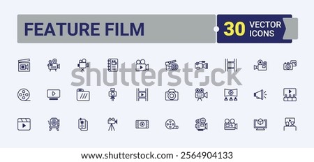 Feature Film linear icon. Includes icons for 3d, glasses, editing, director, player, show, projector and more. Solid line editable stroke. Vector line and solid icons.