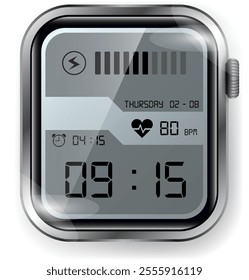 A feature rich smartwatch face showcasing a modern digital design with a monochrome display.