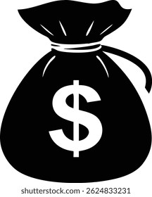 Se presenta una bolsa negra con el símbolo de la moneda del dólar blanco, que encarna conceptos como ahorros, finanzas, inversiones, efectivo, dinero y futuro financiero. Ideal para negocios y temas financieros.