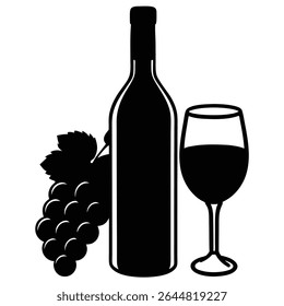 Em destaque está um gráfico arrojado de uma garrafa de vinho com um copo cheio, complementado por um monte de uvas, colocado contra um fundo transparente, criando uma imagem atemporal.
