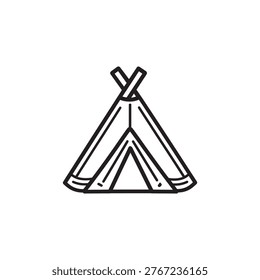 Featured is an outlined drawing of a teepee with a clean, black line; the teepee's base, frame, and crossed top define this simple, transparent image.