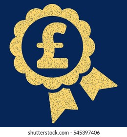 Featured Pound Price Label grainy textured icon for overlay watermark stamps. Flat symbol with dust texture. Dotted vector yellow ink rubber seal stamp with grunge design on a blue background.