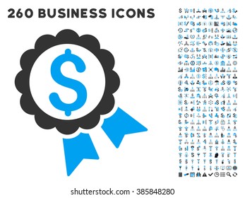 Featured Price Label icon within 260 vector business pictogram set. Style is bicolor flat symbols, light blue and gray colors, white background.