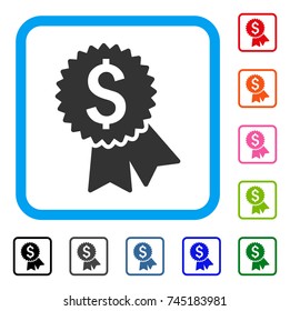 Featured Price Tag icon. Flat grey pictogram symbol inside a blue rounded rectangular frame. Black, gray, green, blue, red, orange color variants of Featured Price Tag vector.