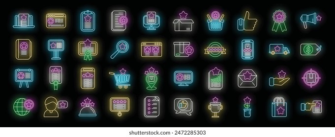 Los iconos de productos destacados establecen el Vector de contorno. Encuesta de datos. Inicio del producto color neón sobre negro