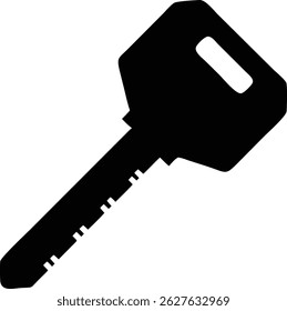 Featured is a simple black key isolated against a white background, characterized by notches along its blade and smooth cuts indicating a modern design.