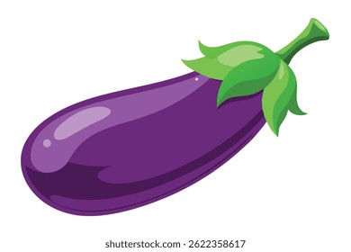Featured is a singular, vibrant purple eggplant with green leaves and stem, displaying its smooth texture and distinct shape on a transparent backdrop.