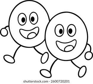 Featured are two hand-drawn cartoon circles with smiling faces, each equipped with arms and legs, as if walking together. The drawing has a simple,