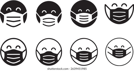 Features 8 smiling emoji faces wearing masks. The design is in black and white with a transparent background. Vector icons depict simple, outlined facial expressions.