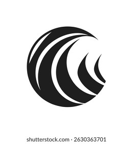 Apresenta um design circular abstrato com ondas pretas contra um fundo transparente. As formas que fluem criam uma textura visual dinâmica