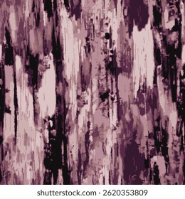 features an abstract pattern of vertical lines and blotches in shades of purple, pink and black