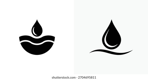 Features abstract water drop with silhouette illustration on a white background. It depicts two water drops in different shape and size on the white background.