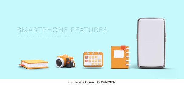 Features and advantages of smartphone. Large list of applications in one gadget. Personal account. Horizontal banner with 3D book, camera, calendar, planner, smartphone. Place for text
