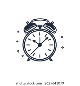 Features an alarm clock icon with a retro design and sparkles around it, set against a clean white background, symbolizing time.