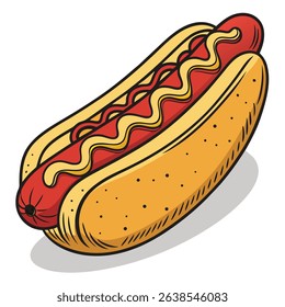 Features an appetizing cartoon illustration of a hotdog, topped with mustard, nestled in a bun, complete with a shadow effect on a clean white backdrop.