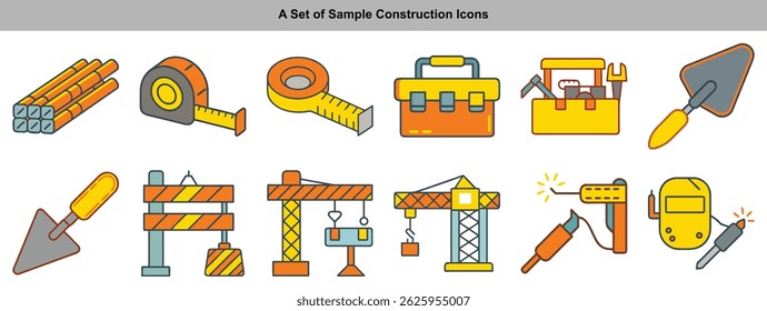 Features an array of colorful construction icons, including tools like steel bars, measuring tapes, toolboxes, cranes and welding equipment in clean, outlined flat design.