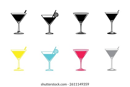 Features an array of eight distinct cocktail glasses, rendered in diverse colors, with transparent backdrop. A refreshing and clean illustration, ideal for various design projects.