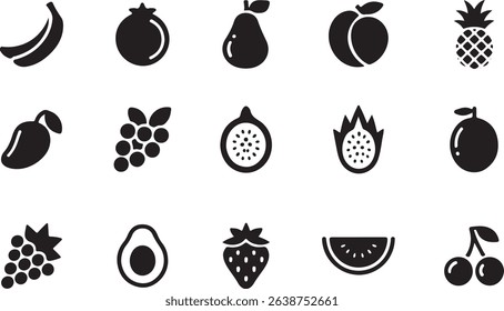 Features an array of various fruit icons in black silhouette including grapes, avocado, watermelon, mango, pineapple, banana, strawberry, passion fruit on transparent.