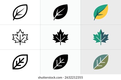 Features assorted leaf icons, including maple leaves. Outlines and colored vector icons are showcased against a clean, neutral background for versatile use.