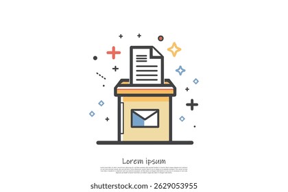Features a ballot box overflowing with documents, accented by stars and crosses, all set against a transparent background, vector format.