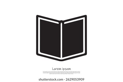 Features a black book icon, open pages showcasing a simple minimalist design, set against a transparent background ideal for various digital applications.