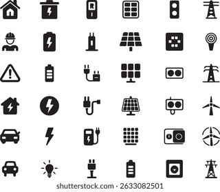Features black glyph icons related to renewable energy, electric vehicles, home energy, and sustainability, set against a transparent backdrop.