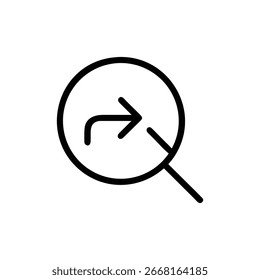 Presenta un símbolo de flecha de arte de línea negra dentro de un diseño de lupa. La flecha indica la dirección usando una línea curva, establecida en fondo transparente.