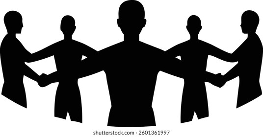 Features a black silhouette of diverse individuals standing in a circle, holding hands, conveying unity, collaboration, and connection on a white background.