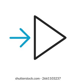Verfügt über ein blaues Pfeilsymbol, das in ein schwarz umrissenes Dreieck auf transparentem Hintergrund eintritt. Dieses einfache, moderne Design kann jede digitale Schnittstelle verbessern.