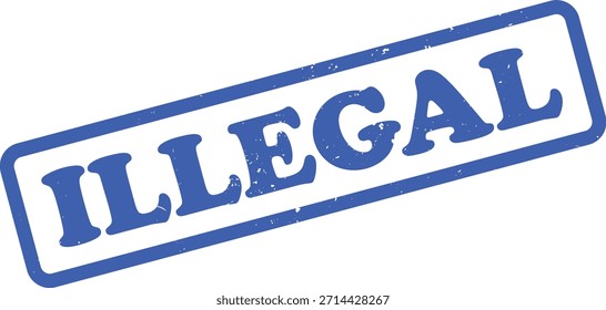 Verfügt über eine blaue, fette ILLEGAL Stempel, strukturiert für eine Grunge-Ästhetik. Das Design ist vor einem sauberen, weißen Hintergrund gehalten und bietet einen starken Kontrast.