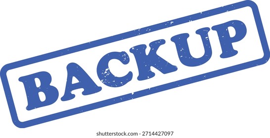 Sello de copia de seguridad con textura grunge azul con borde rectangular en ángulo sobre fondo blanco. El estilo imperfecto le da carácter a este gráfico aislado.