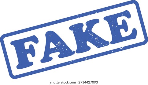 Cuenta con un sello de goma texturizado grunge azul que muestra la palabra 'Fake', aislado en un fondo blanco limpio. El diseño enfatiza un visual audaz e impactante.