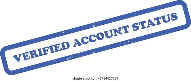 Features a blue rubber stamp illustration of a verified account status with a grungy texture on a clean white background. The stamp is a modern flat design.