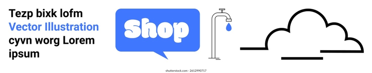 Features a blue shop speech bubble, text in black and blue, a faucet with water droplet, and a cloud outline. Ideal for e-commerce, cloud services, digital marketing, water conservation, minimalistic